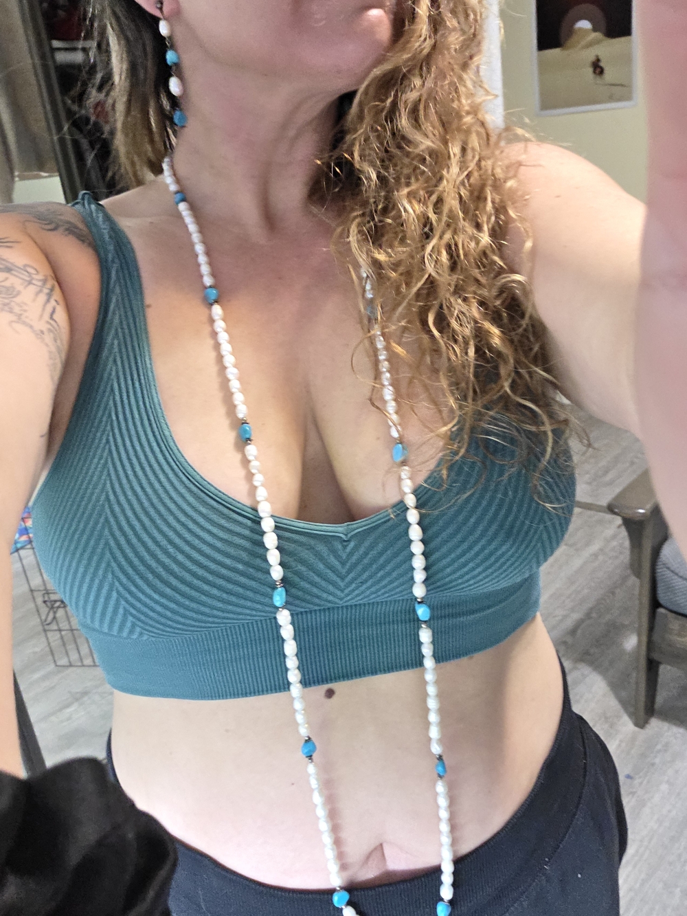 Handmade White and Turquoise Beaded Long Necklace by